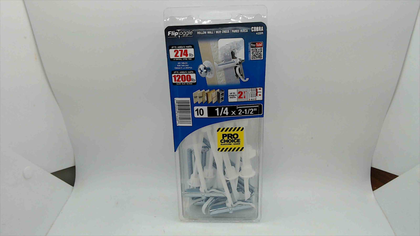 Cobra FlipToggle Hollow Wall Anchors 1/4" x 2-1/2" — 10-Pack, Unopened (Model 425R)