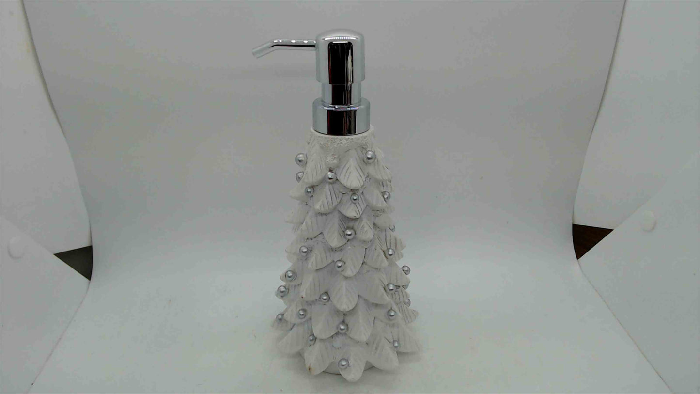 White Christmas Tree Soap & Lotion Dispenser with Pearl Accents — 8.5" Tall, Holiday Bath Décor