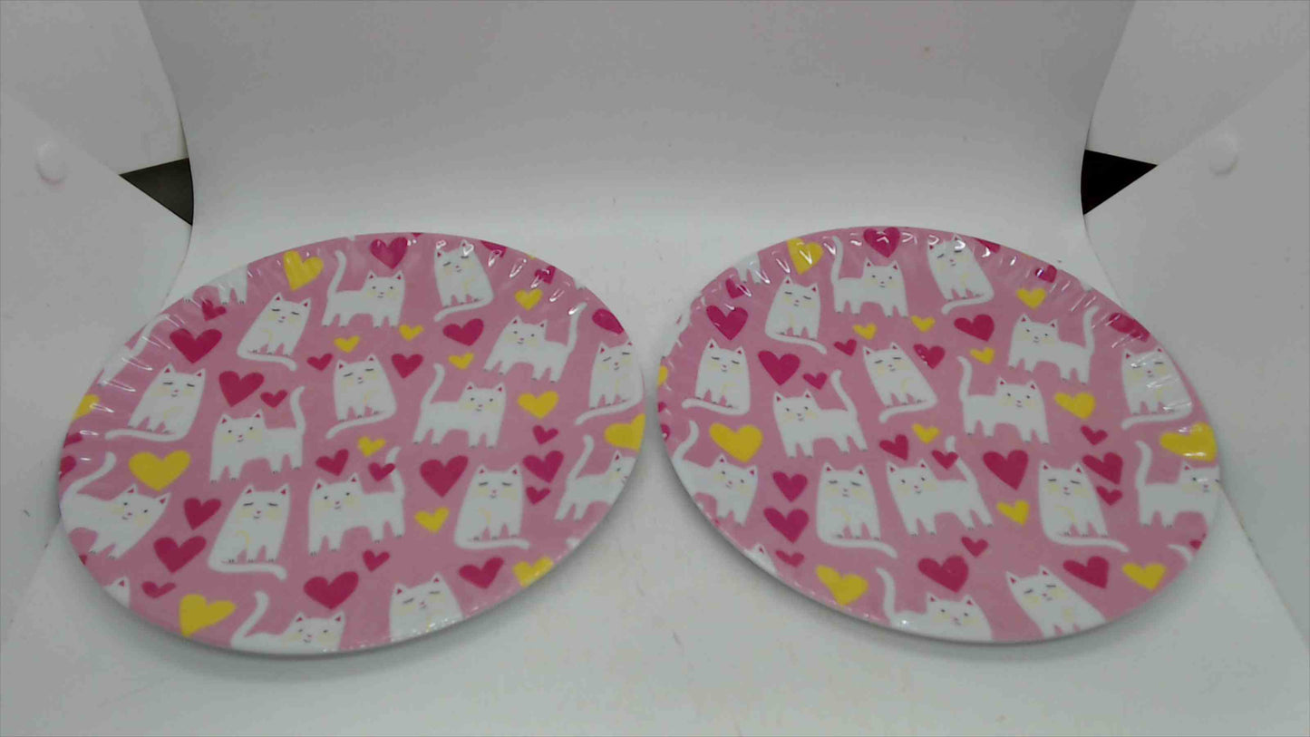 C&C California Home Melamine Plates White Cats & Hearts Pattern — Set of 2, 8" Pink