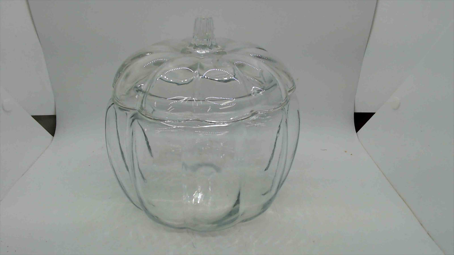 Vintage Clear Glass Pumpkin Candy Jar with Lid – Ribbed Body, Embossed Floral Lid