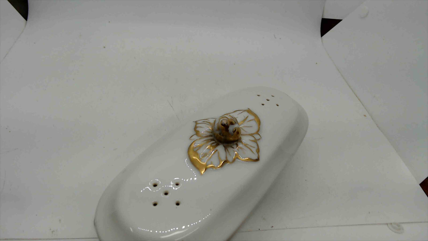 French Antique Porcelain Toothbrush Vanity Box with Gold Floral Lid — As-Is