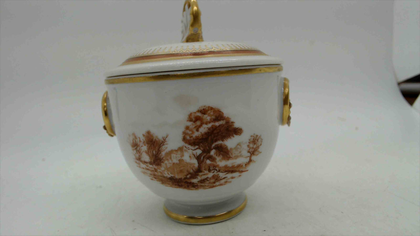 Portuguese Porcelain Lidded Sugar Bowl – Sepia Landscape, Gold Acanthus Handles, Stamped Portugal