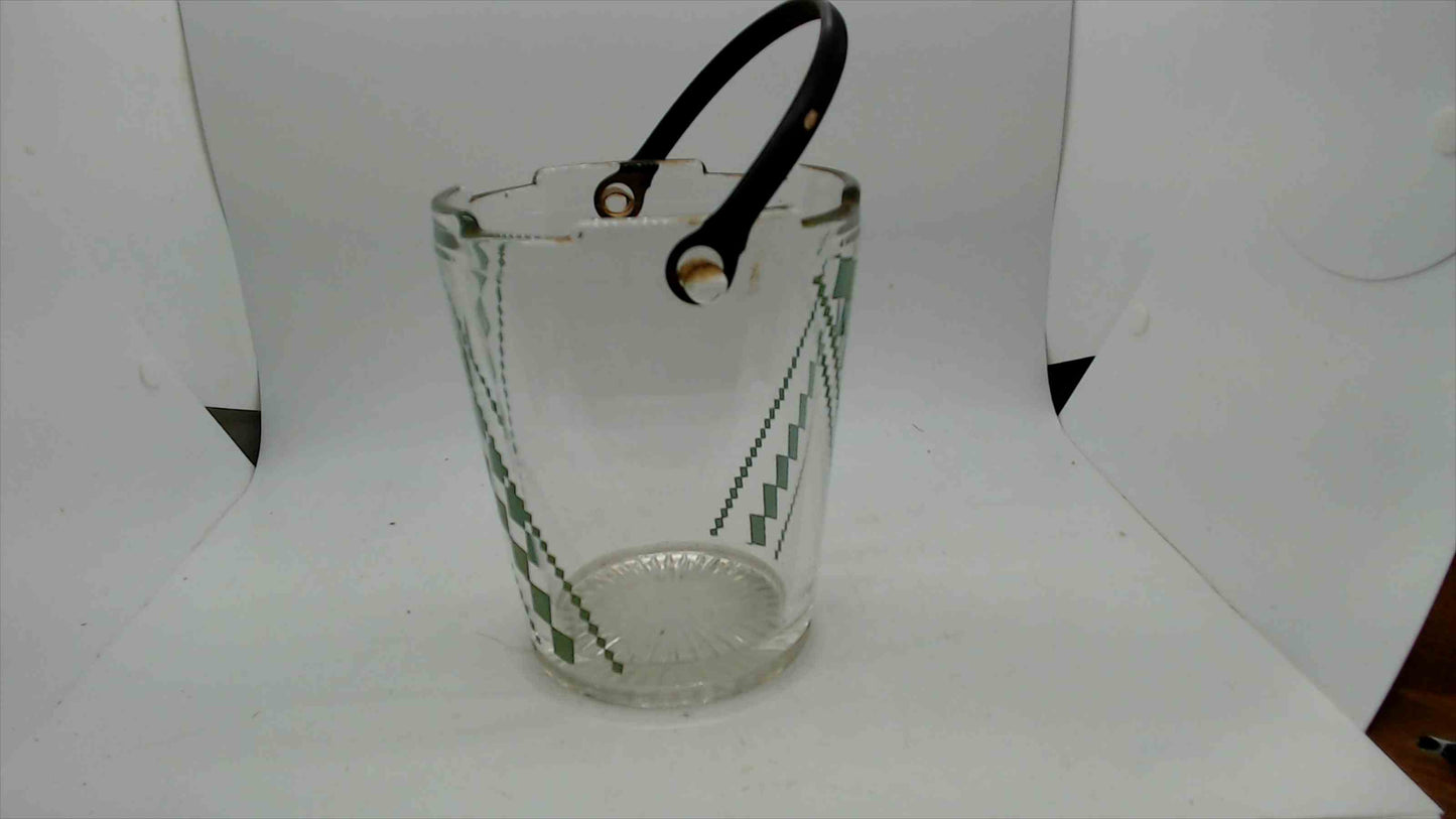 Vintage Mid-Century Glass Ice Bucket – Green Diamond Crosshatch Pattern, Black Swing Handle, 5"