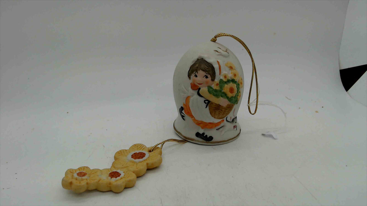 Jasco 1981 Porcelain Bell Ornament – Girl with Bouquet & Hummingbirds – Taiwan – Flower Clapper