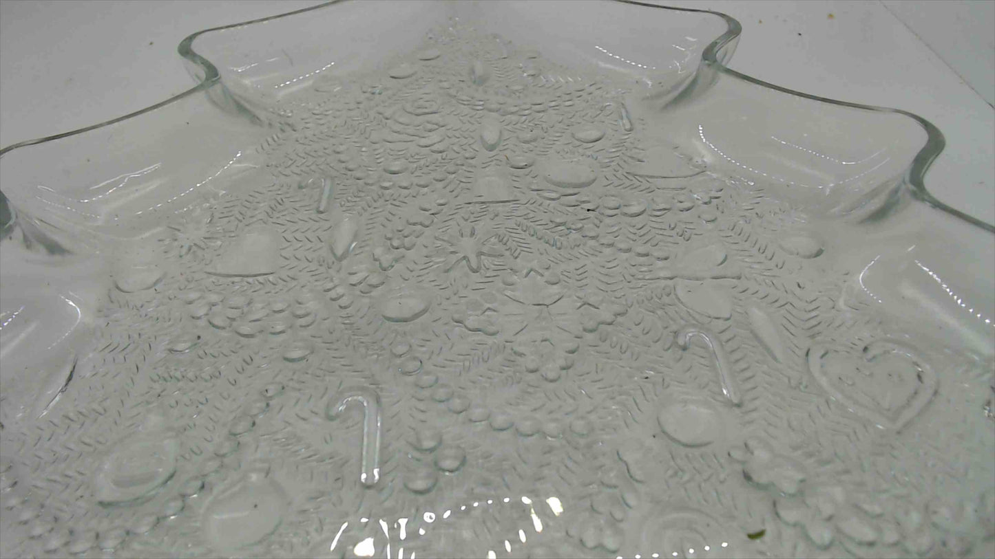 Vintage Clear Glass Christmas Tree Serving Platter – Embossed Holiday Motifs – 13.5" – Cookie Tray
