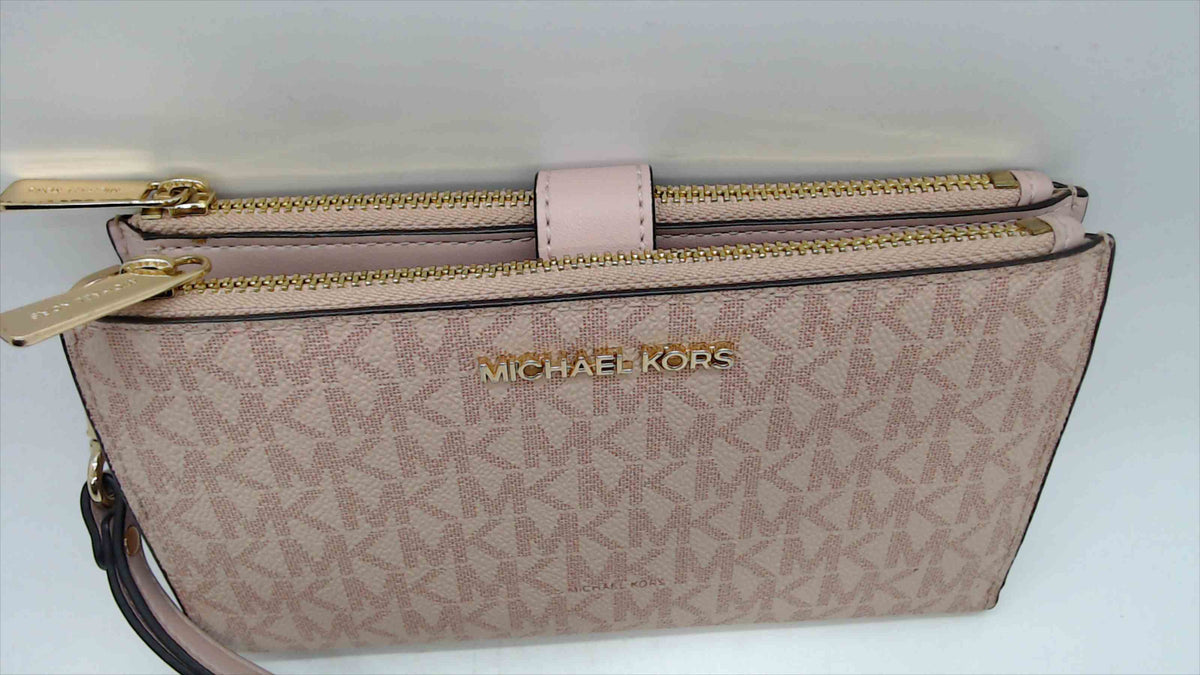 Michael Kors Blush Pink MK Signature Logo Double-Zip Wristlet Wallet — Gold-Tone Hardware, 7.5"