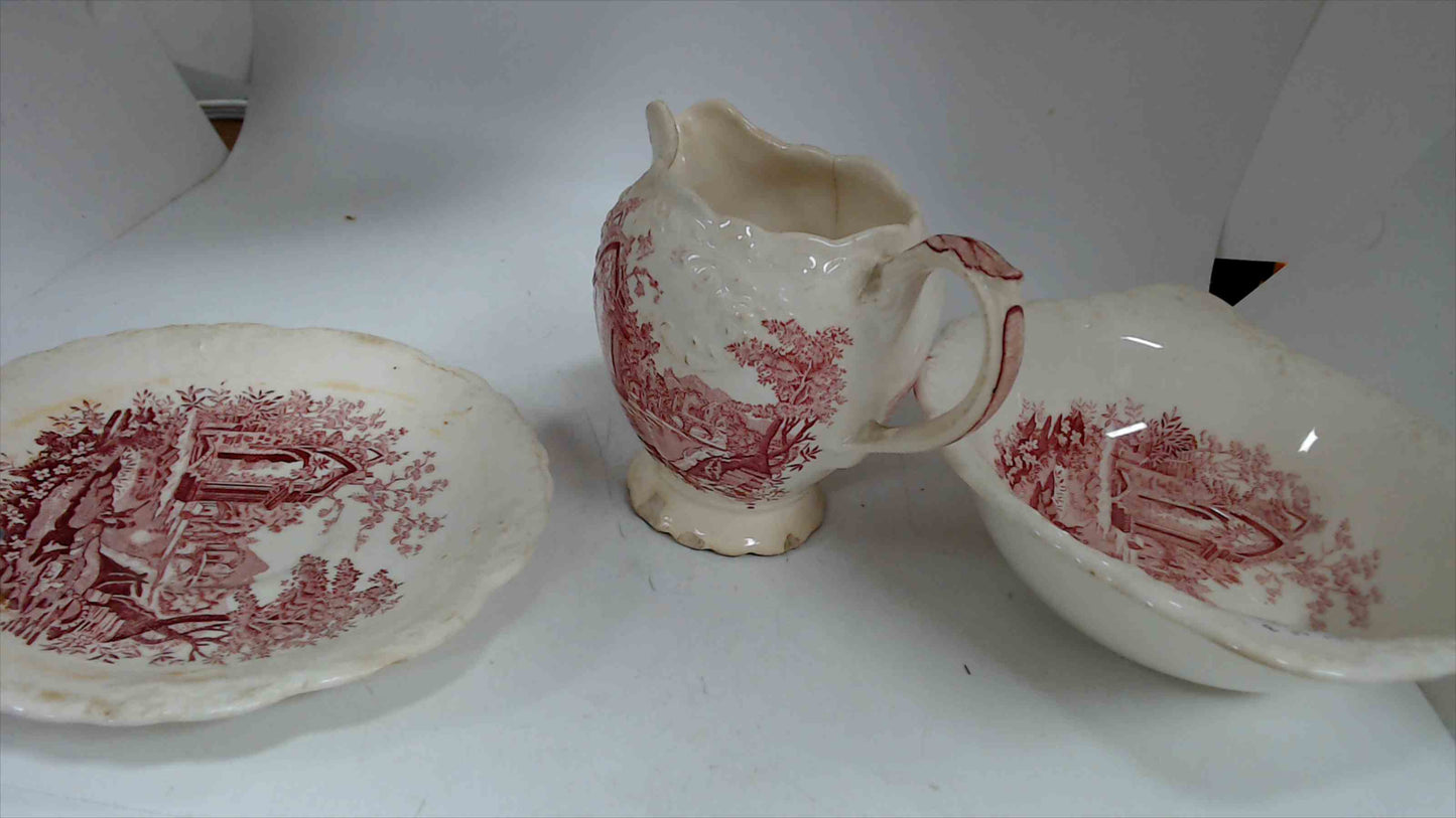 Vintage “English Abbey” Red Transferware – Cream Pitcher, Serving Bowl & Small Plate – Pink/Red – Antique Style Trio
