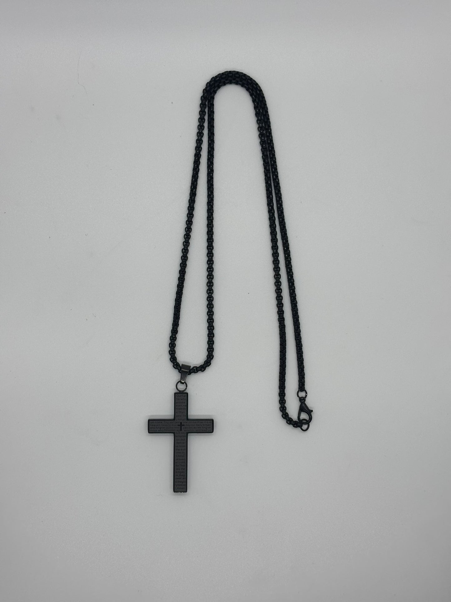 Black Stainless Steel Cross Pendant Necklace with Lord’s Prayer Engraving