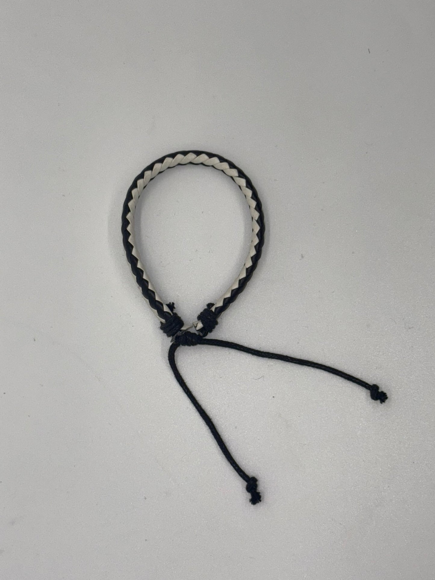 Braided Black & White Faux Leather Adjustable Bracelet