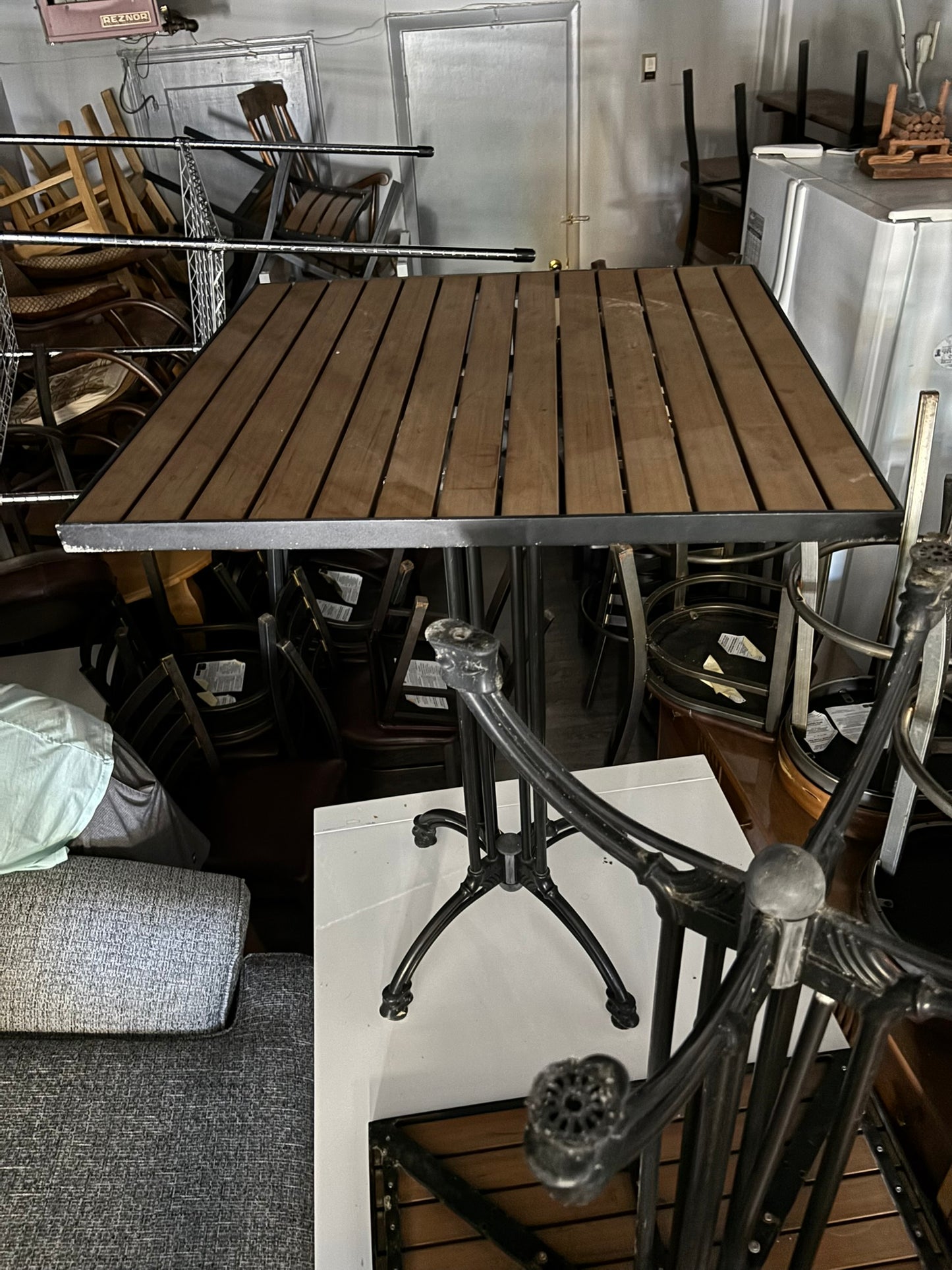 Modern Slat-Top Square Patio or Bistro Table – Metal & Wood Composite