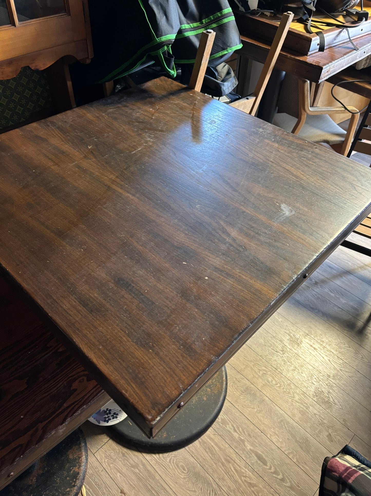 Vintage Industrial-Style Square Wood & Metal Pedestal Table
