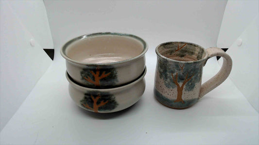 Handcrafted Stoneware Tree Motif Pottery Set – Mug and Bowls