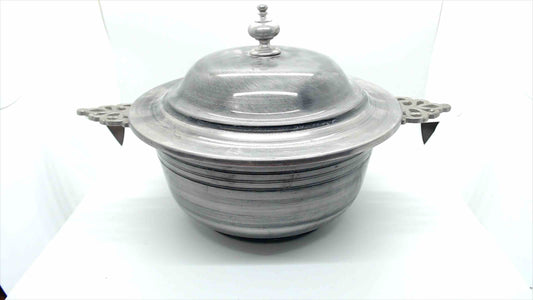 Vintage Pewter Lidded Serving Bowl with Ornate Handles