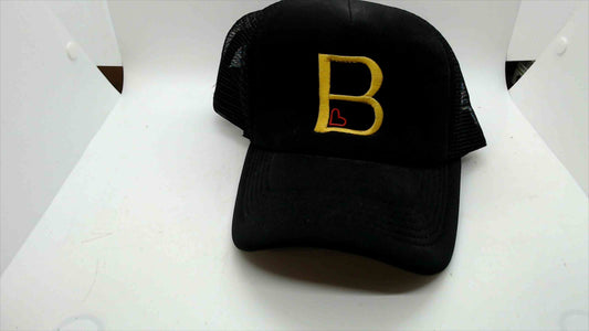Black Trucker Hat with Yellow "B" and Red Heart Embroidery
