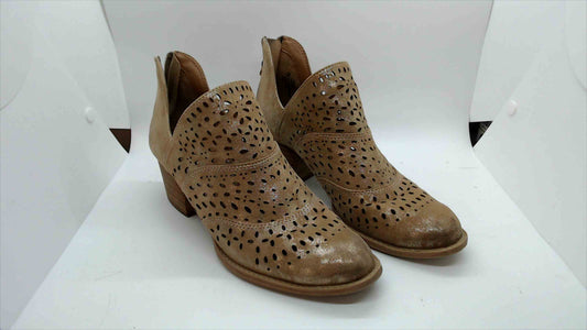 Taupe Laser-Cut Ankle Booties with Block Heel-  Woman Size 7 Medium