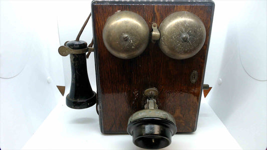 Antique Wooden Wall-Mount Crank Telephone – Early 1900s Vintage Oak Box Phone with Dual Bells