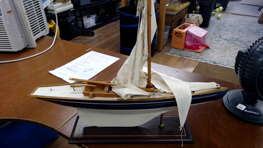 Vintage Wooden Sailboat Model with Canvas Sails on Display Stand