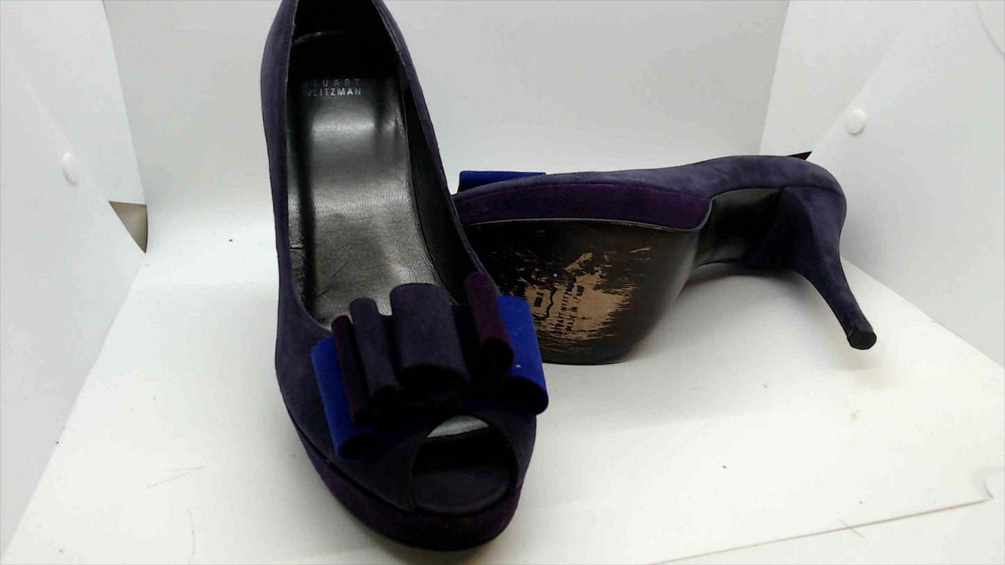 Stuart Weitzman Purple Suede Peep-Toe Heels with Velvet Bow – Size 9.5