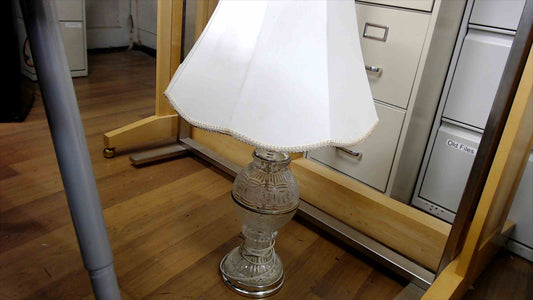Vintage Pressed Glass Table Lamp with White Fabric Shade – Working Condition