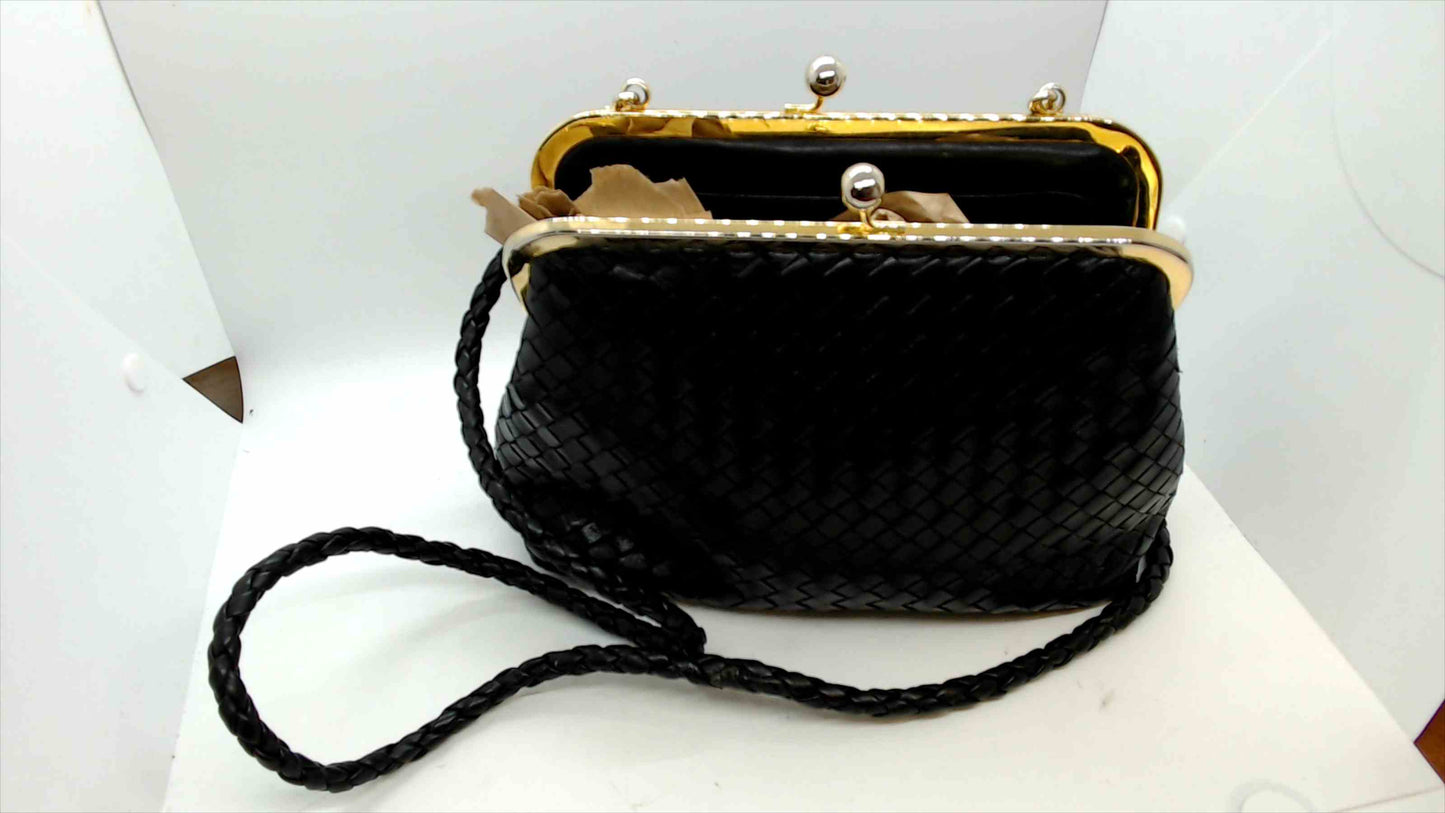Talbots Black Woven Crossbody Bag with Gold Frame & Kiss Lock – Vintage-Inspired