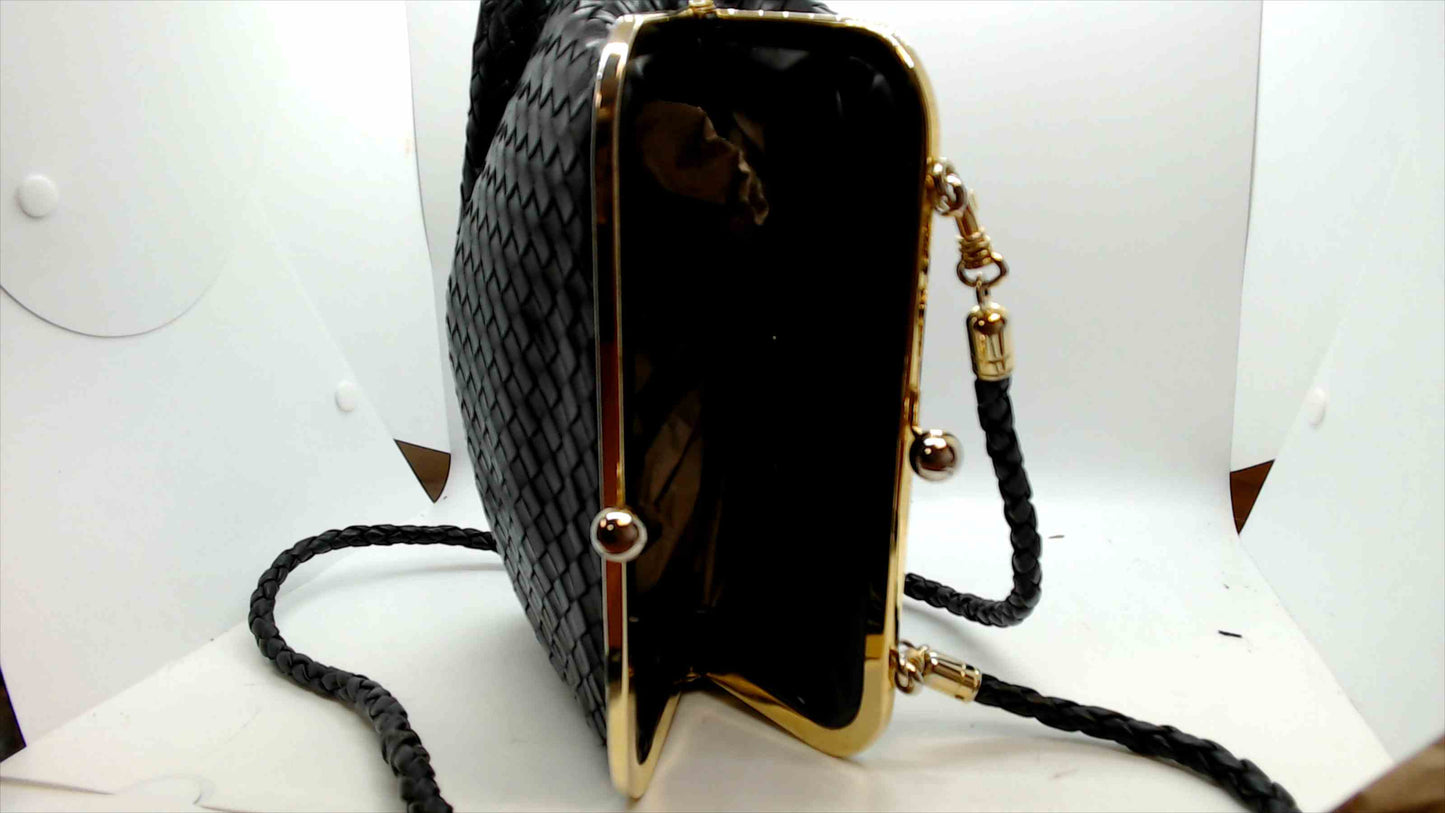 Talbots Black Woven Crossbody Bag with Gold Frame & Kiss Lock – Vintage-Inspired