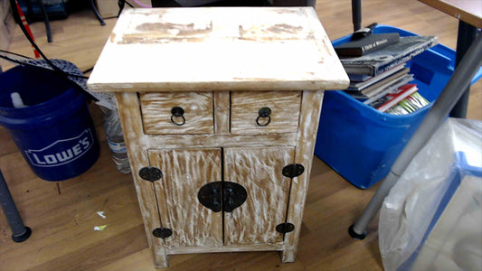 Rustic Whitewashed Wood Cabinet with Black Metal Hardware – 2 Drawer 2 Door Storage