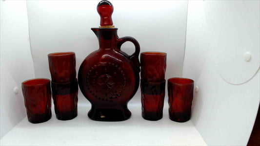 Vintage Amber Glass Starburst Decanter & Tumblers Set – 7 Piece