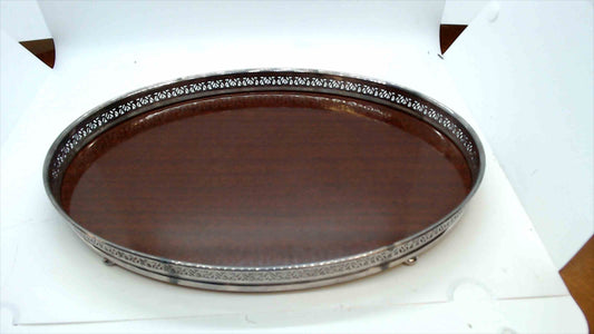 Vintage Silverplate & Wood Oval Serving Tray – Footed Pierced Gallery Edge