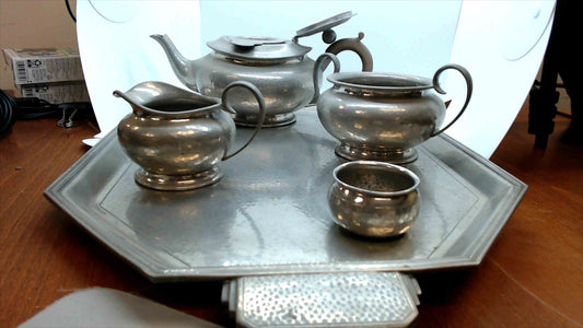 Vintage English Pewter Tea Set by Homeland Sheffield – 5 Piece Hand Hammered Set