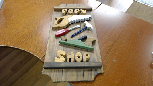 Rustic “Pop’s Shop” Handmade 3D Wooden Wall Art Sign – Tool Theme
