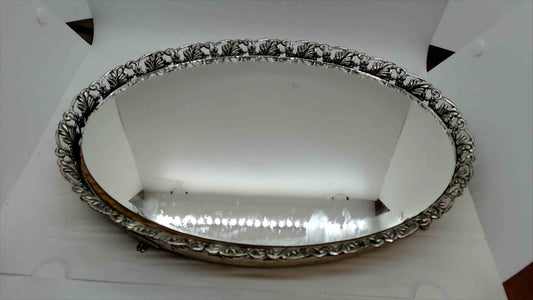 Vintage Silver-Plated Ornate Footed Oval Mirror Vanity Tray – Leaf Pattern