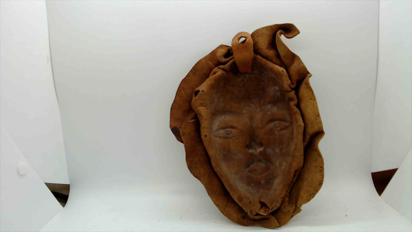 Vintage Leather Sculpted Wall Mask – Woman’s Face with Draped Headscarf