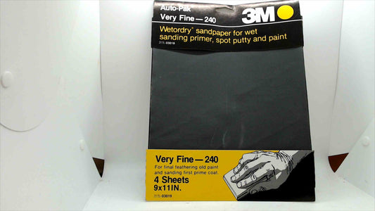 3M Auto-Pak (Auto-Pak) Wet/Dry Sandpaper – Very Fine (240 Grit), 9″ × 11″ (4-Sheet Pack)