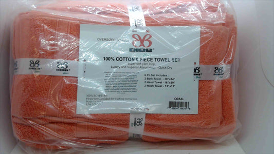 Bibb Home 6-Piece 100% Cotton Towel Set – Coral