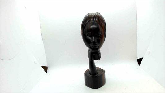 Vintage Hand-Carved African Tribal Ebony Wood Bust Sculpture – Woman Resting on Hand