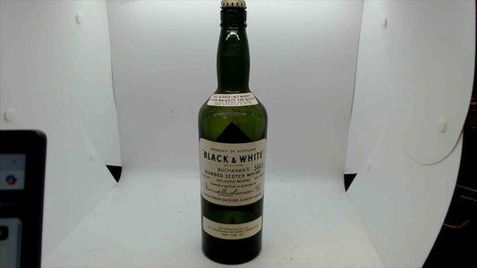 Vintage Black & White Buchanan’s Scotch Whisky Bottle – Empty, Green Glass w/ Paper Labels