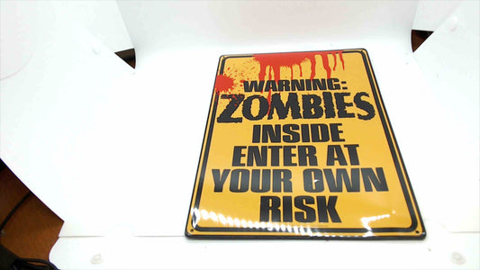 Zombie Warning Metal Sign – “Enter at Your Own Risk” Horror Décor Wall Plaque (Like New)