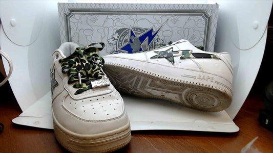 A Bathing Ape Bape Sta Low Top Sneakers – White/Green Camo, Size 11, w/ Original Box
