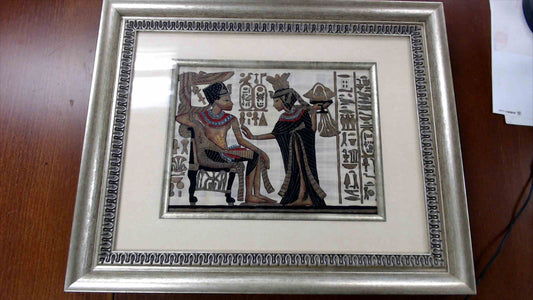 Framed Egyptian Papyrus Artwork – Pharaoh & Queen Scene with Hieroglyphics