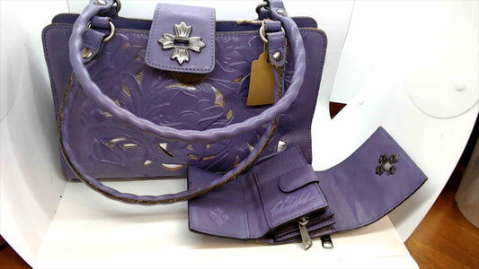 Patricia Nash Purple Tooled Leather Handbag & Matching Wallet Set – Floral Embossed Crossbody Tote