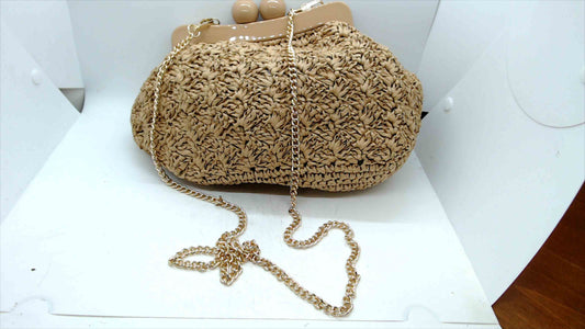 Urban Expressions Beige Woven Crossbody Bag with Gold Chain Strap