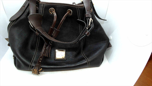 Dooney & Bourke Pebbled Leather Drawstring Bucket Bag – Black with Brown Trim