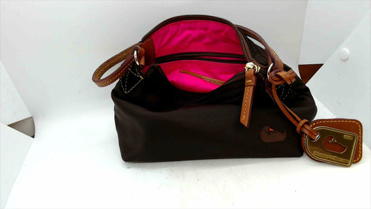 Dooney & Bourke Nylon Small Satchel with Leather Trim – Brown with Pink Interior – Like New