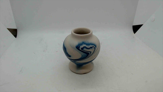 Nemadji Pottery Mini Vase – Hand Painted, Blue Swirl, Made in USA