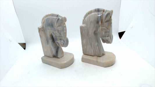Vintage Hand-Carved Stone Horse Head Bookends – Marble/Onyx
