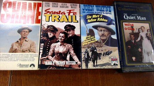 Vintage Western & Classic Film VHS Lot – Shane, Santa Fe Trail, She Wore a Yellow Ribbon, The Quiet Man (4-Tape Set)