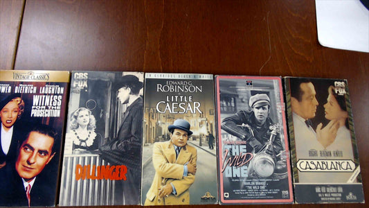Classic Gangster & Drama VHS Lot – Casablanca, The Wild One, Little Caesar, Dillinger, Witness for the Prosecution (5 Tapes)