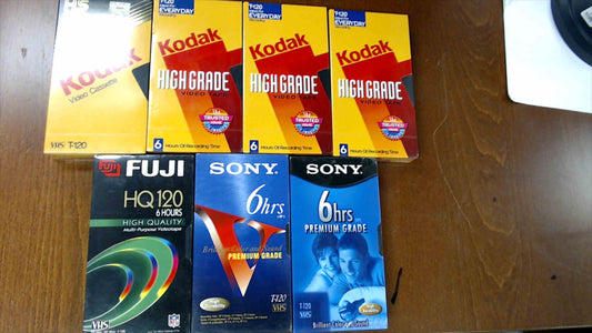 Lot of 7 Blank VHS Tapes – Sealed Sony, Kodak, Fuji T-120 6hr High Grade / Premium Grade
