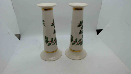 Lenox Holiday Taper Candle Holders – Set of 2, Holly & Berry with Gold Trim, Made in USA