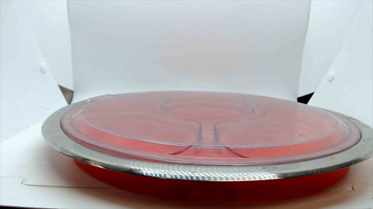 Round Divided Chip & Dip Serving Tray w/ Clear Lid – Stainless Rim & Orange Silicone Insert